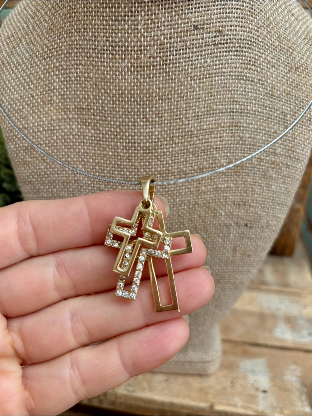 Crystal Triple Cross Pendant Necklace Yellow Gold NEW!
